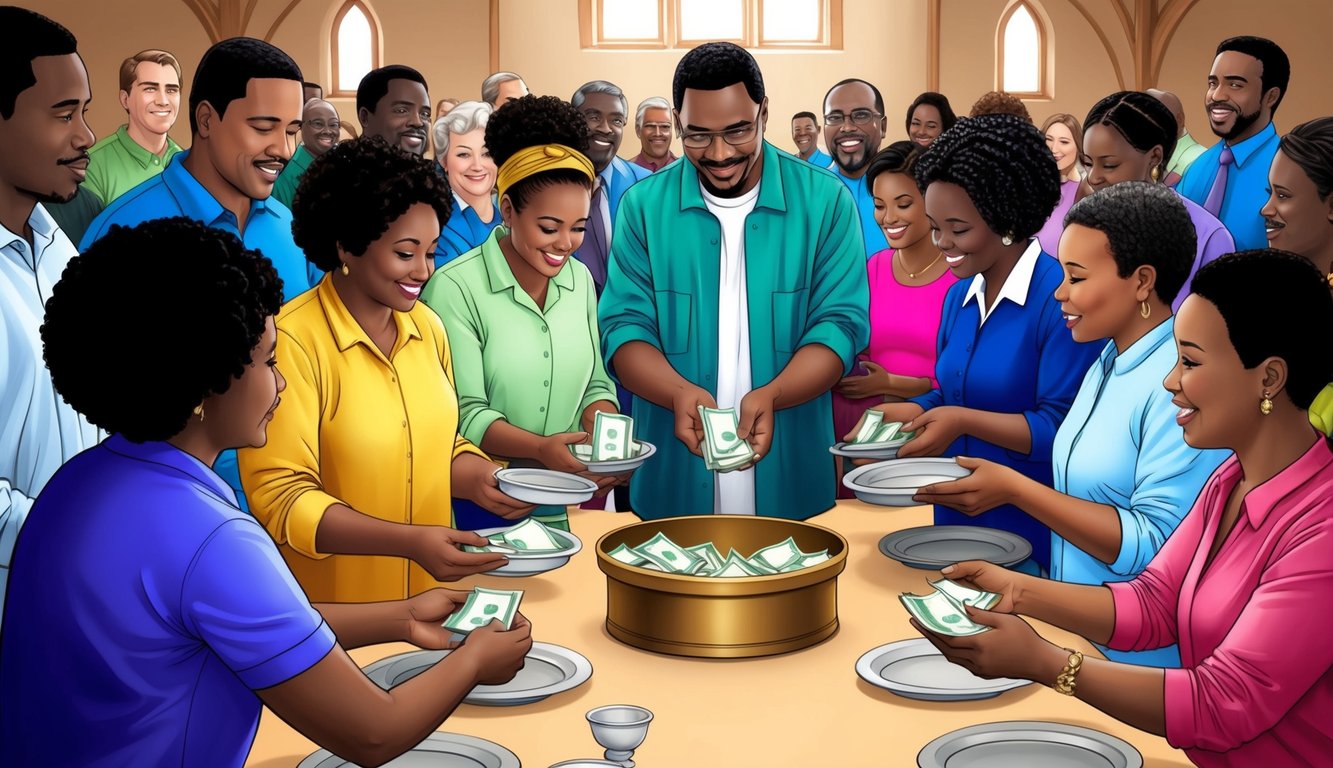 A group of people gather to give tithes and offerings, placing their contributions in a collection plate or box.</p><p>The scene exudes a sense of community and generosity