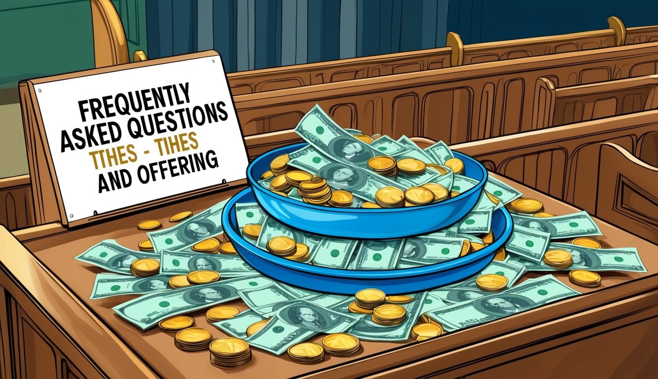 A collection plate filled with coins and bills, surrounded by a church pew and a sign labeled "Frequently Asked Questions - Tithes and Offering."