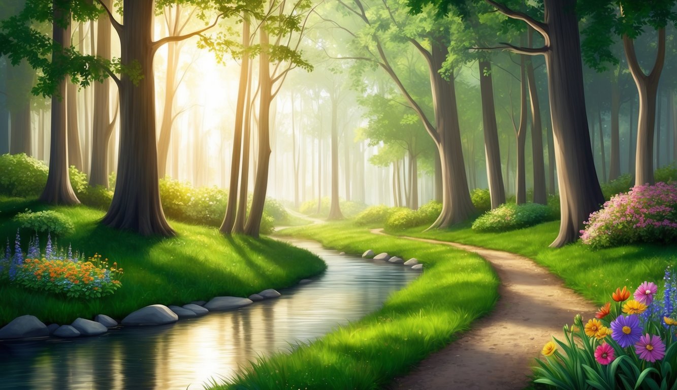 A serene forest with a gentle stream, sunlight filtering through the trees, and colorful flowers blooming along the path