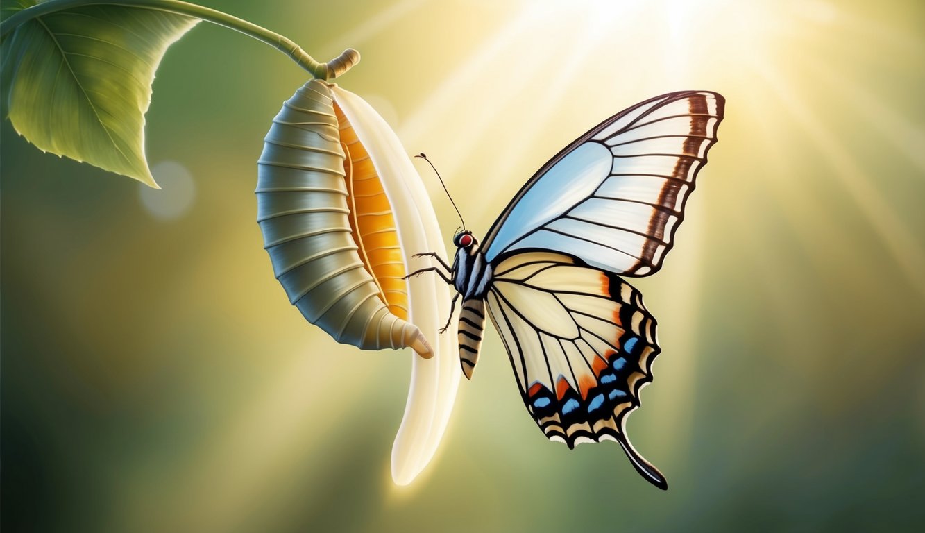 A serene butterfly emerges from a chrysalis, bathed in soft light, symbolizing transformation through divine grace