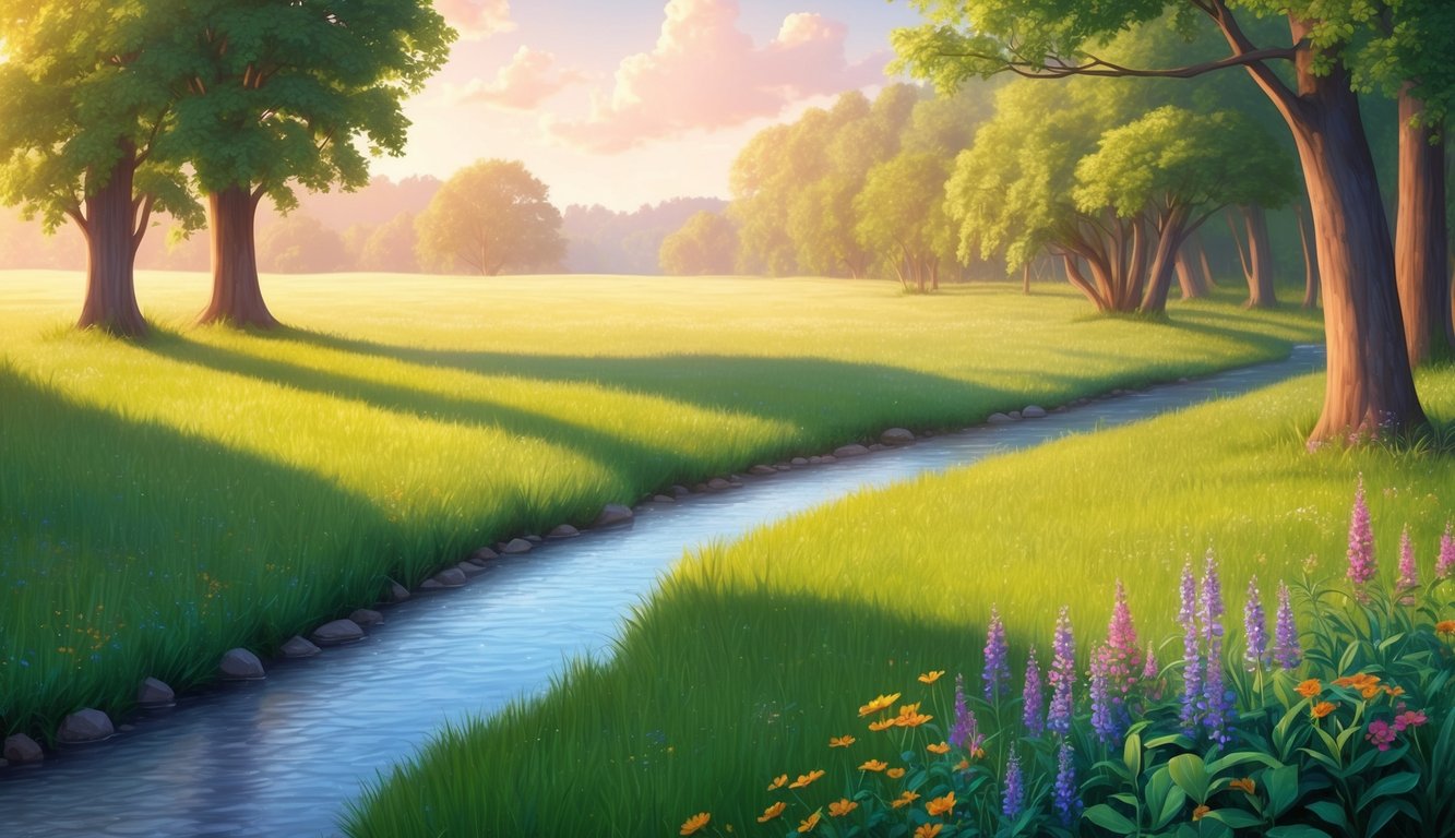 A serene landscape with a gentle stream flowing through a lush meadow, bathed in warm sunlight and surrounded by vibrant flowers and trees