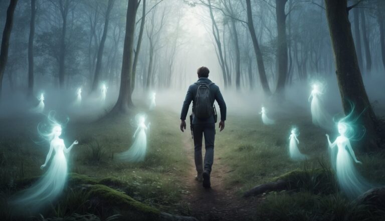 Man walking through a foggy forest, surrounded by glowing ethereal figures