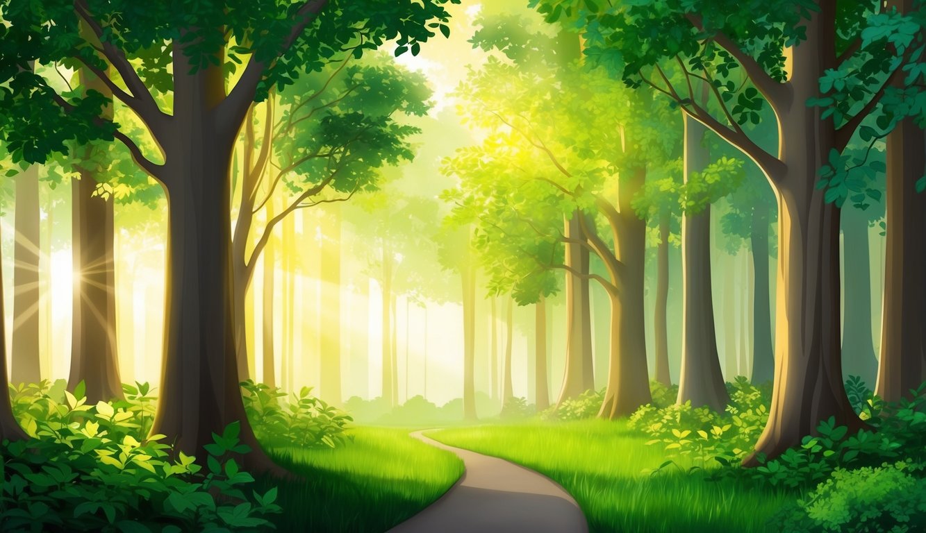 A serene forest with sunlight filtering through the trees, casting a warm glow on the lush green foliage and creating a sense of tranquility and guidance