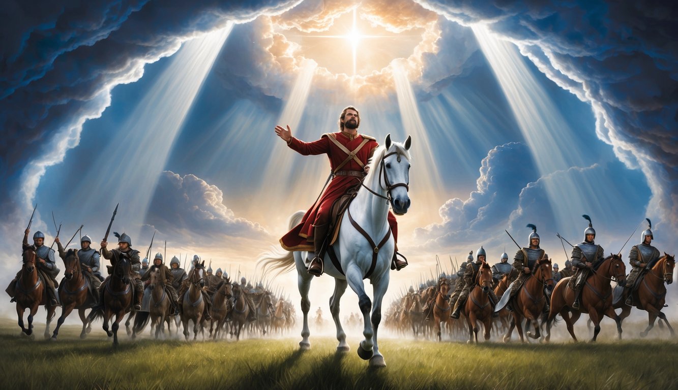 The heavens open, revealing a rider on a white horse with an army behind, ready for the final battle