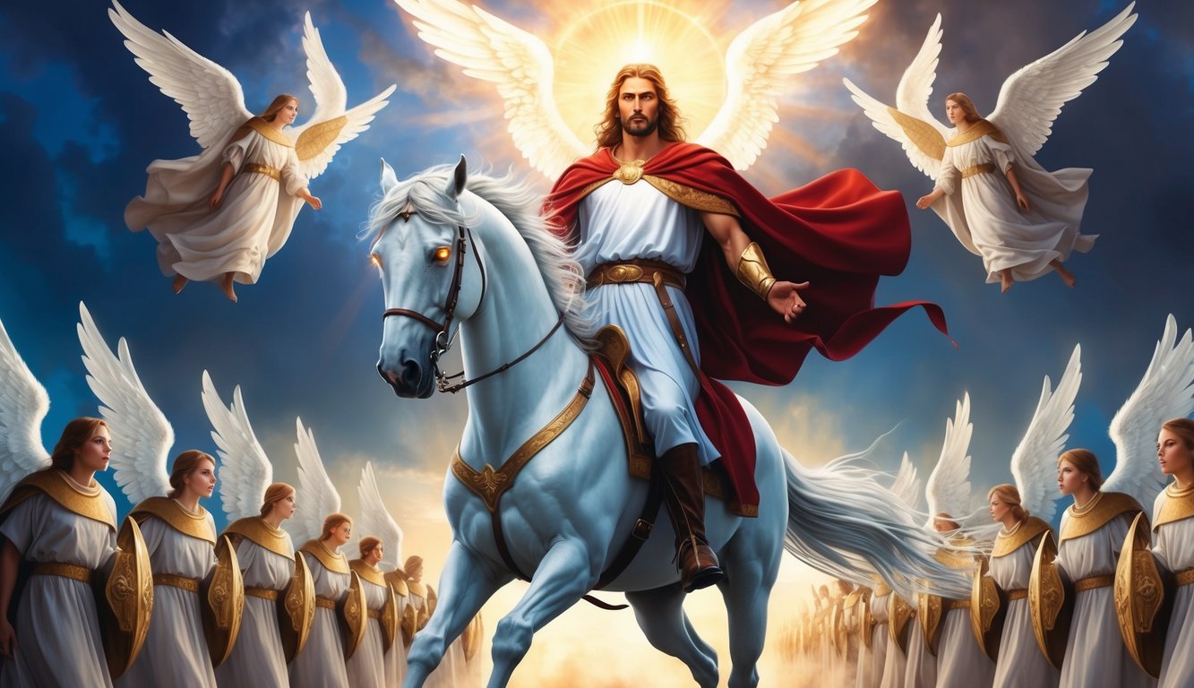 A heavenly figure on a white horse, with eyes like fire, wearing a robe dipped in blood, leading an army of angels