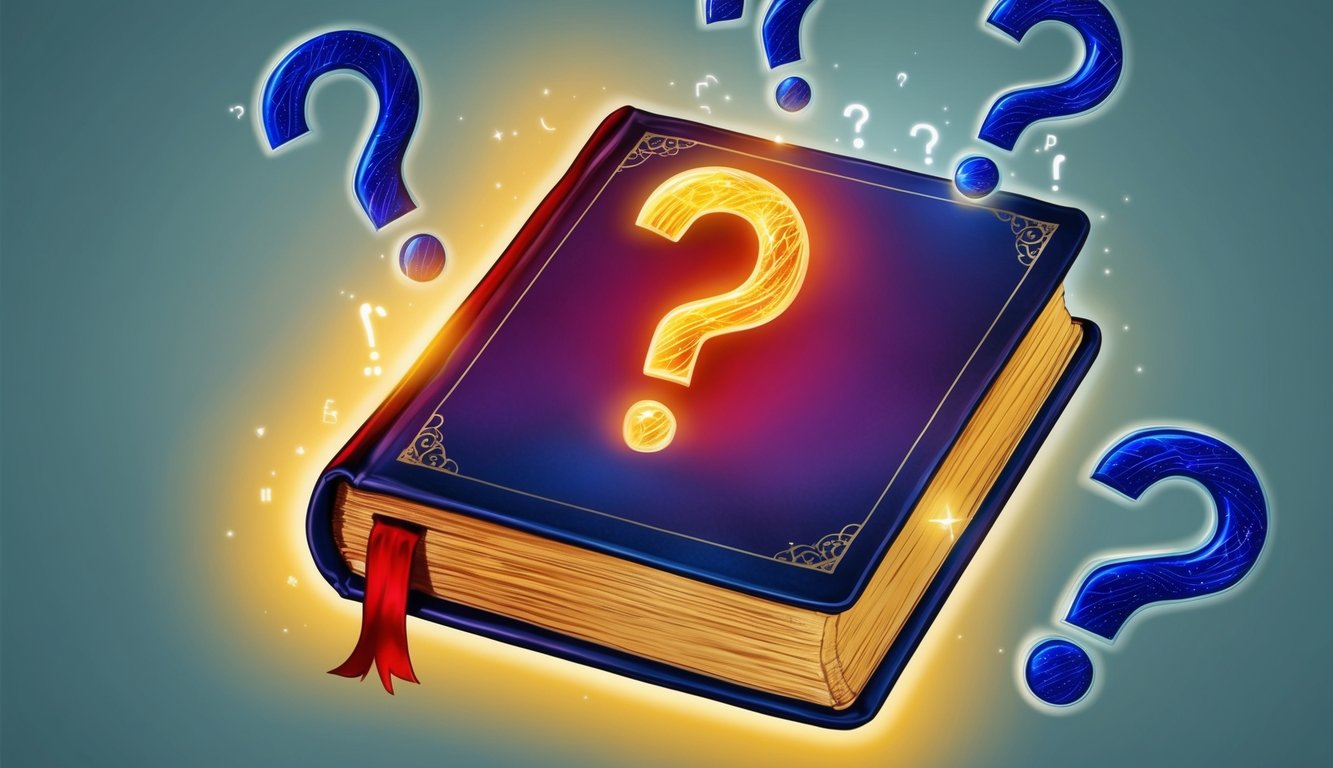 A glowing book with question marks floating around it