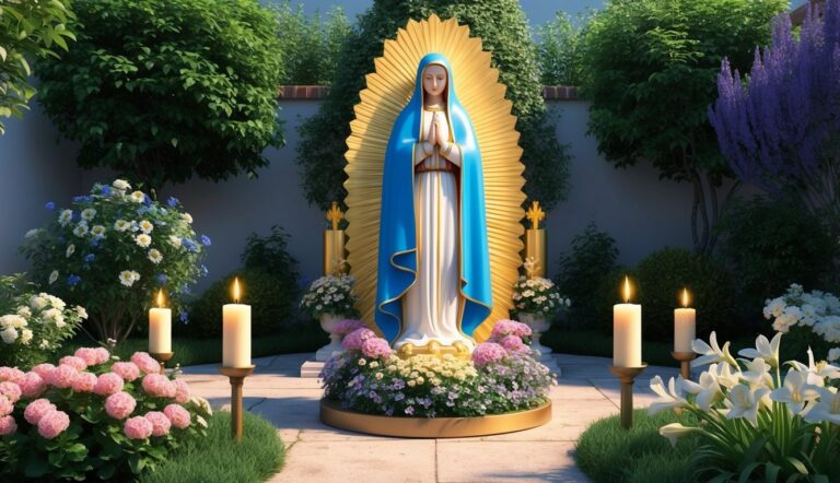 Statue of Virgin Mary with candles and flowers in a garden