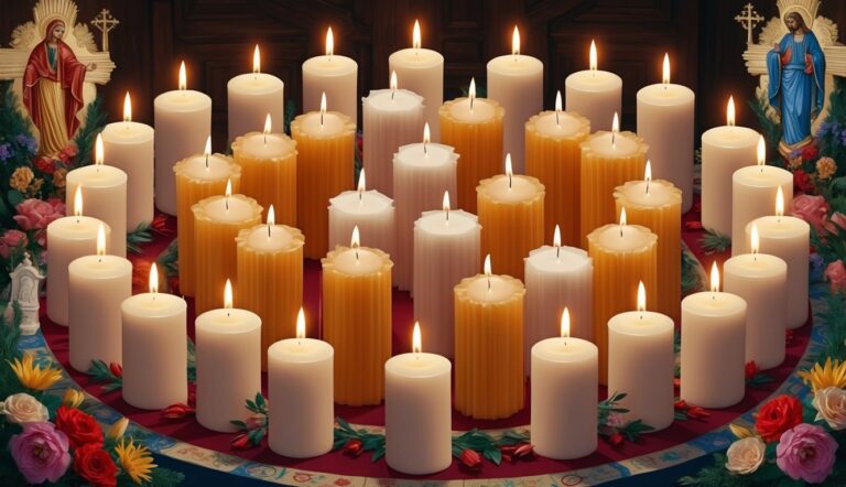 Lit candles arranged in a circle with religious icons and floral decorations
