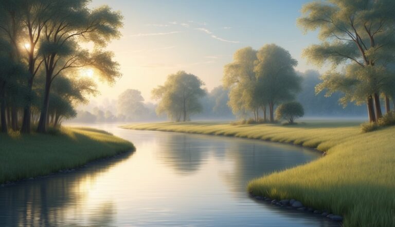 A calm river flows through a grassy landscape with trees and sunlight