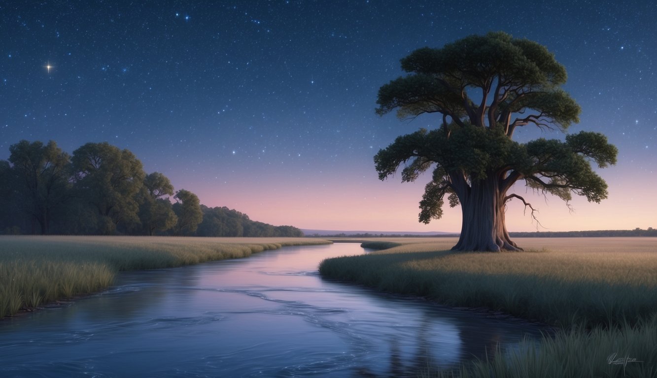 A serene, starlit evening with a calm, flowing river and a lone, ancient tree standing tall against the horizon