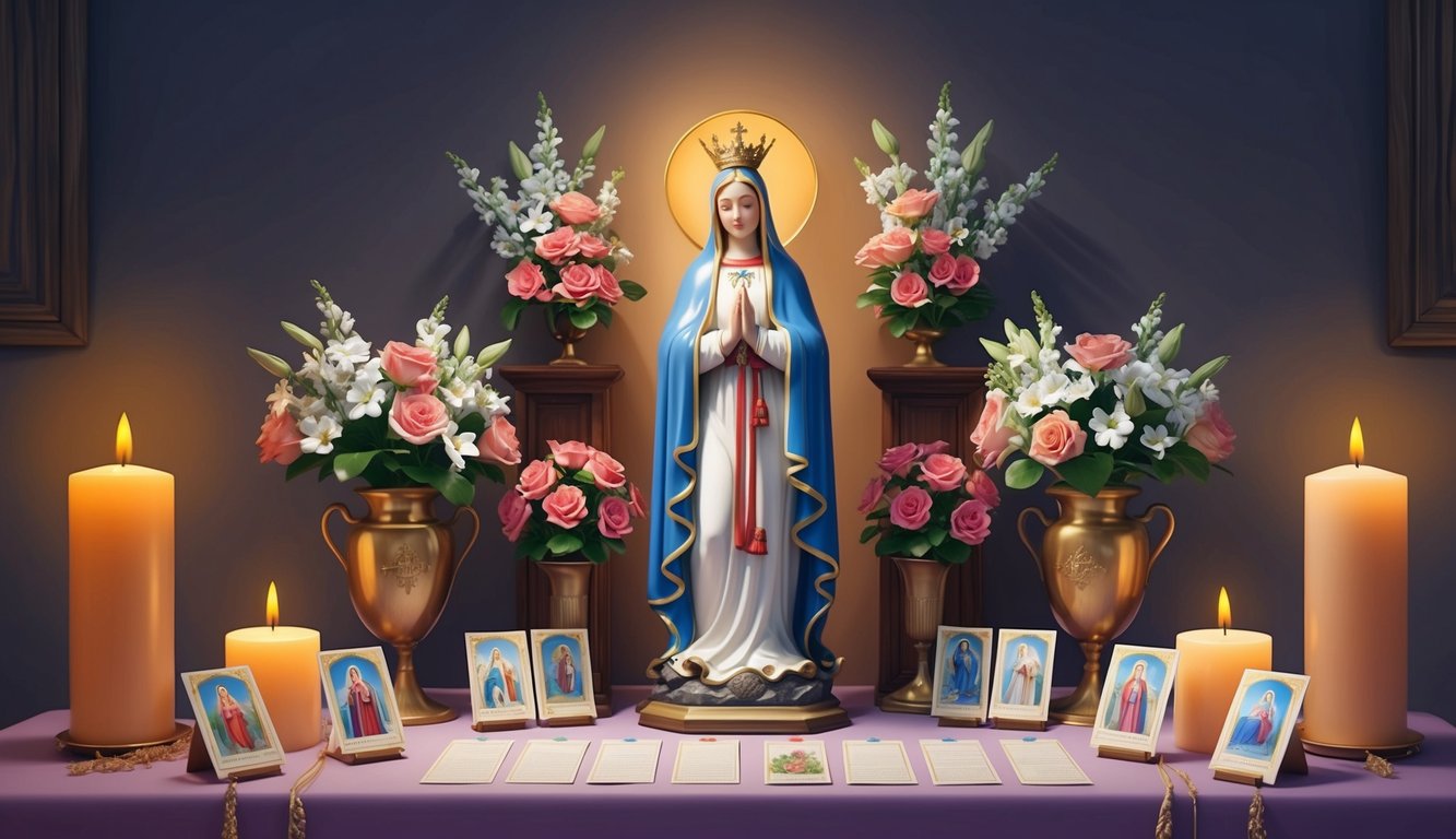 A serene candlelit altar with a statue of Our Lady of Fatima surrounded by flowers and prayer cards