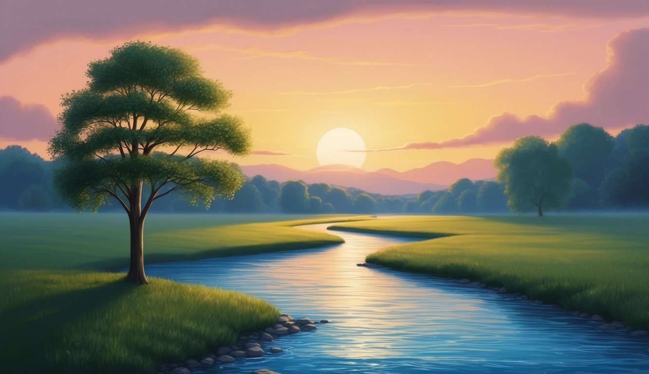 A serene landscape at sunset with a lone tree and a peaceful flowing river, symbolizing hope and eternity