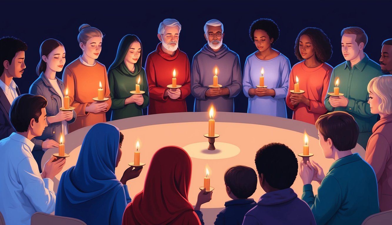 A group of people gather in a circle, holding candles and praying together for the sick