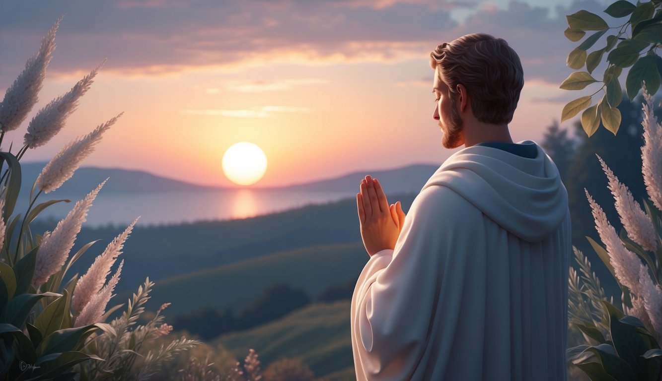 A serene figure facing a sunset, hands folded in prayer, surrounded by calm nature