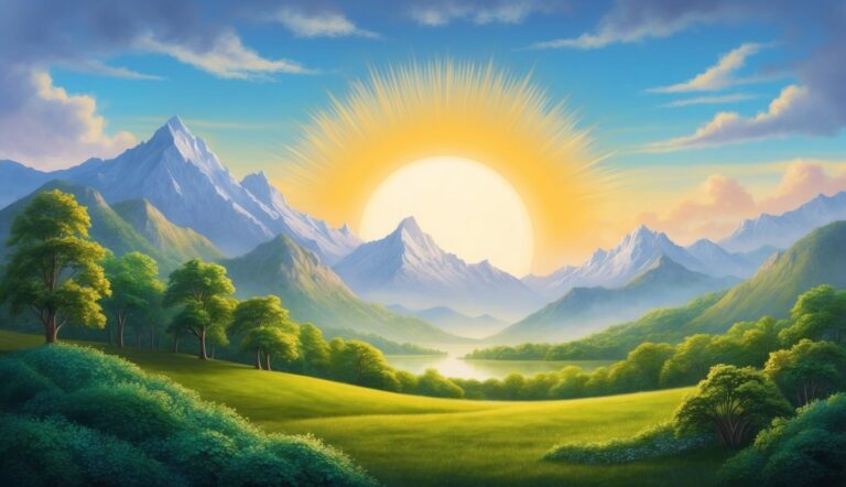 Sunrise over mountains, green hills, and a lake, with a bright sky