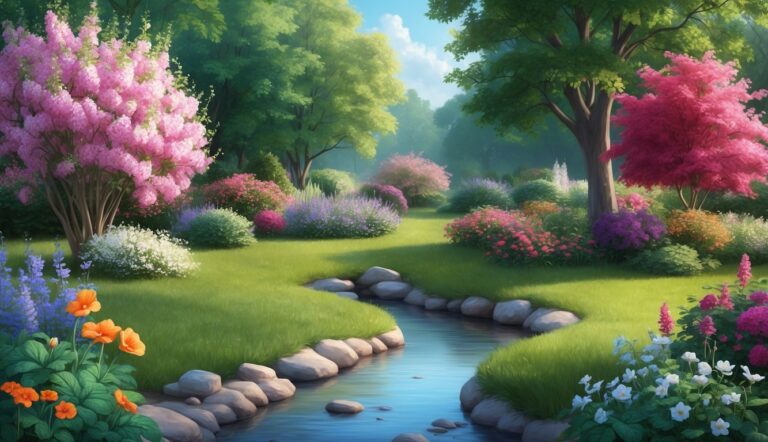 Lush garden with a stream, colorful flowers, and trees under a blue sky