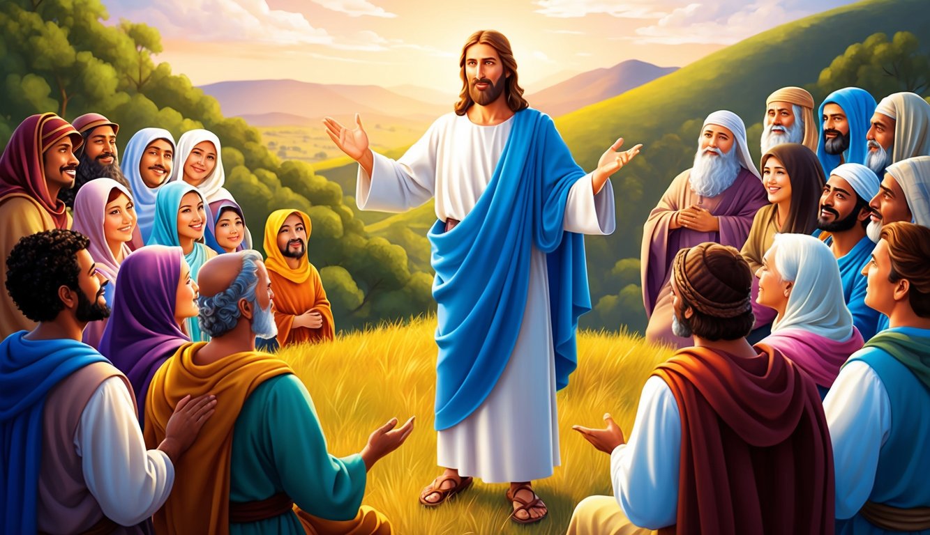 Jesus teaching on a hillside, surrounded by a diverse group of followers, with a warm, welcoming expression