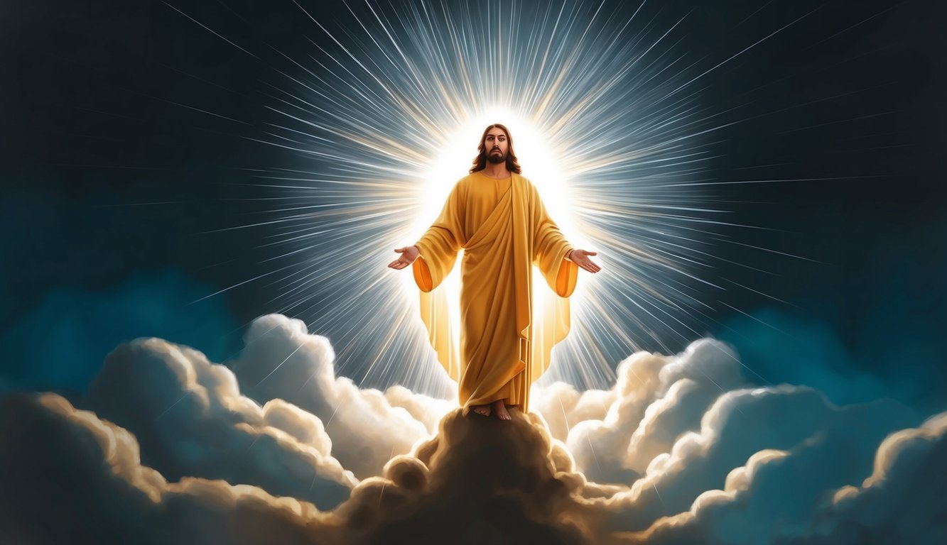 A radiant figure emerges from darkness, surrounded by light, symbolizing the restoration of the divine image through Christ