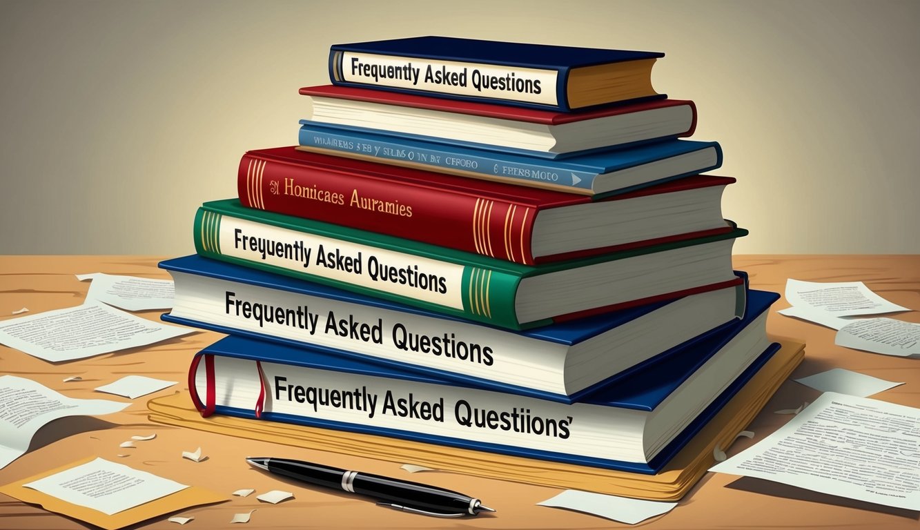 A stack of books with "Frequently Asked Questions" on top, surrounded by scattered papers and a pen