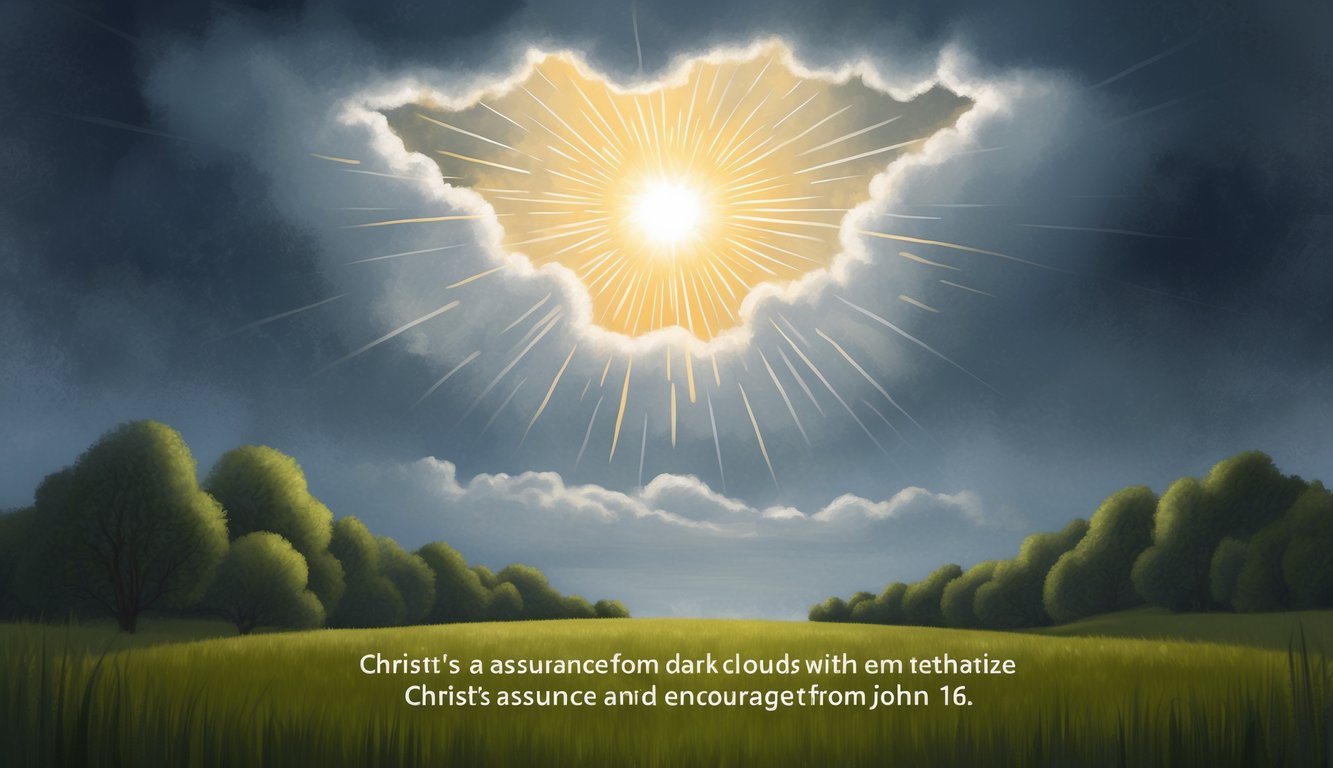 A serene landscape with a radiant light shining through dark clouds, symbolizing Christ's assurance and encouragement from John 16