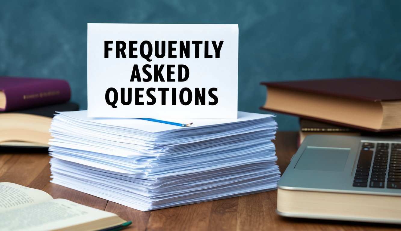 A stack of paper with "Frequently Asked Questions" printed on top, surrounded by open books and a laptop