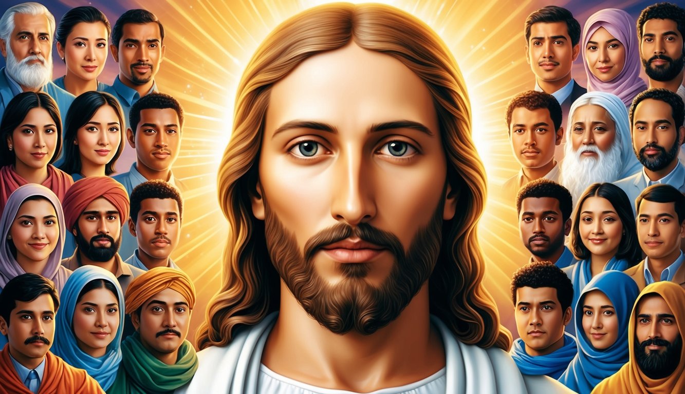 A radiant, ethereal light emanates from the Holy Face of Jesus, casting a warm glow over the diverse faces of people from around the world