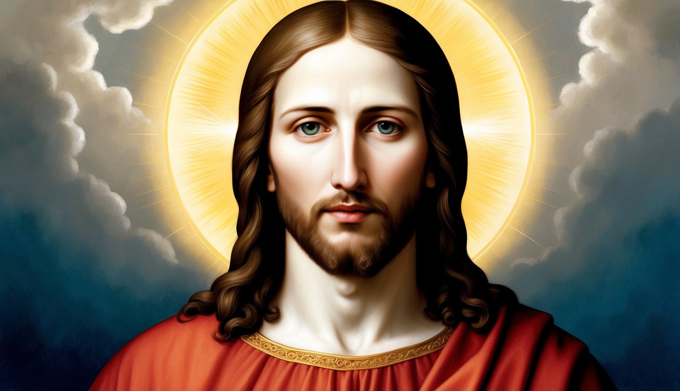 A glowing, serene depiction of the Holy Face of Jesus surrounded by a halo of light, with a sense of reverence and mystery