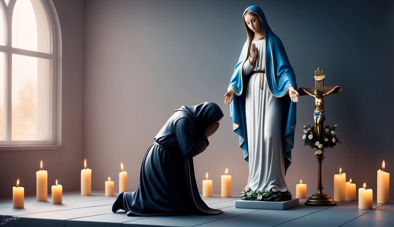 A solitary figure kneels before a statue of Our Lady of Sorrows, surrounded by flickering candles and a peaceful, contemplative atmosphere