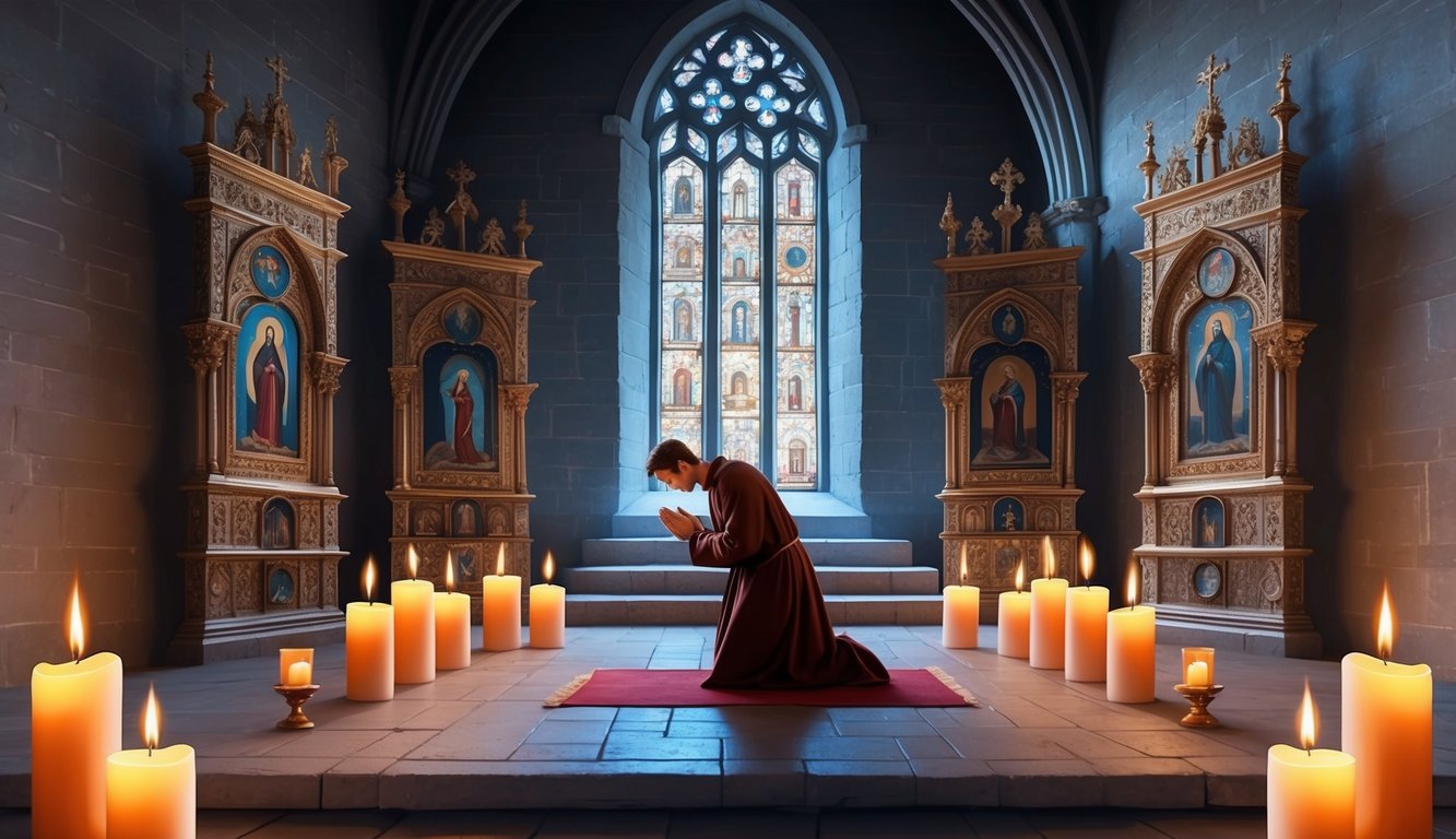 A medieval cathedral with a solitary figure kneeling in prayer, surrounded by flickering candles and ornate religious icons