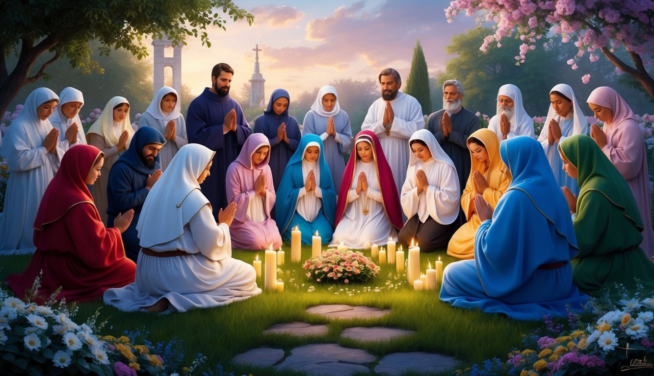 A group of people gather in a peaceful garden, surrounded by candles and flowers, as they pray and meditate in devotion to Our Lady of Sorrows