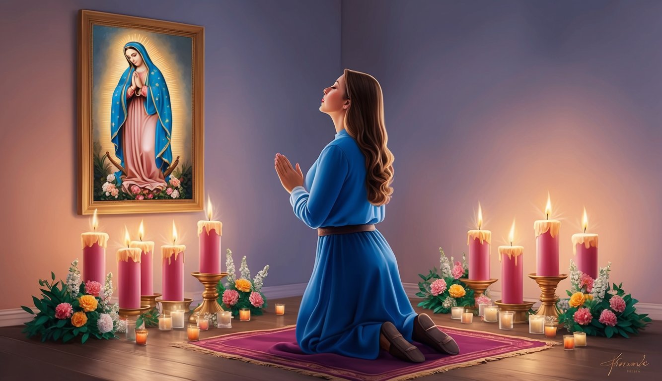 A woman kneeling in prayer, surrounded by candles and flowers, gazing up at an image of Our Lady of Sorrows