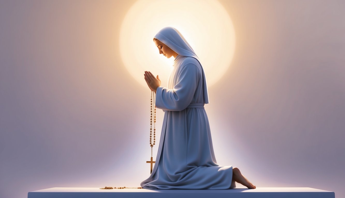 A figure kneeling in prayer, surrounded by a soft glow of light, with a rosary in hand and a sense of peaceful devotion