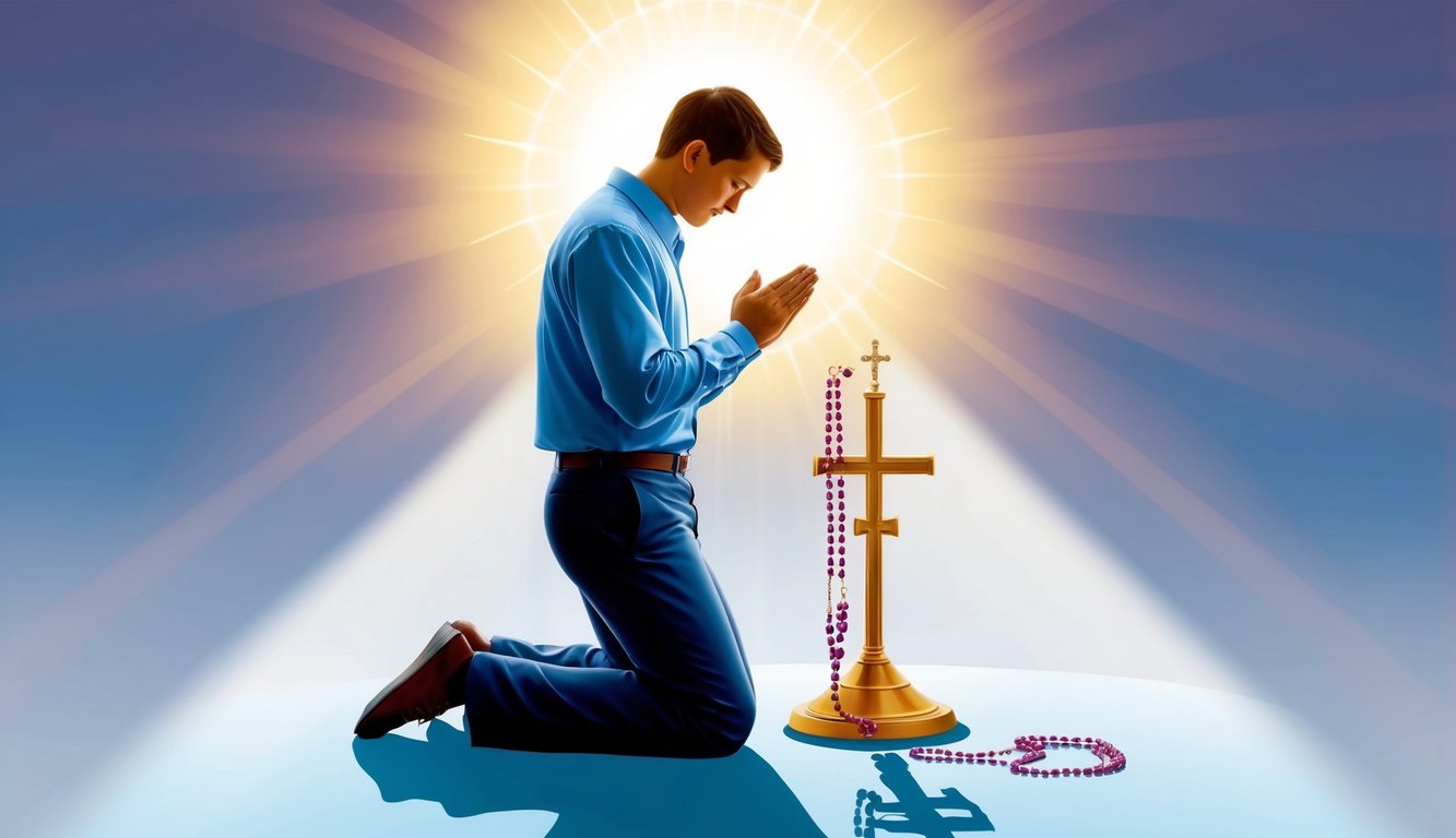 A person kneeling in prayer with a rosary in hand, surrounded by a halo of light