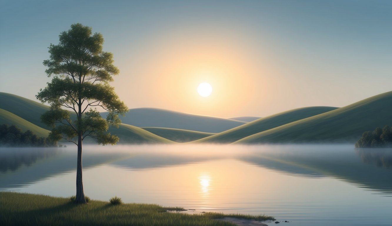 A sun rising over a calm, misty lake with a single tree on the shore, surrounded by gentle rolling hills