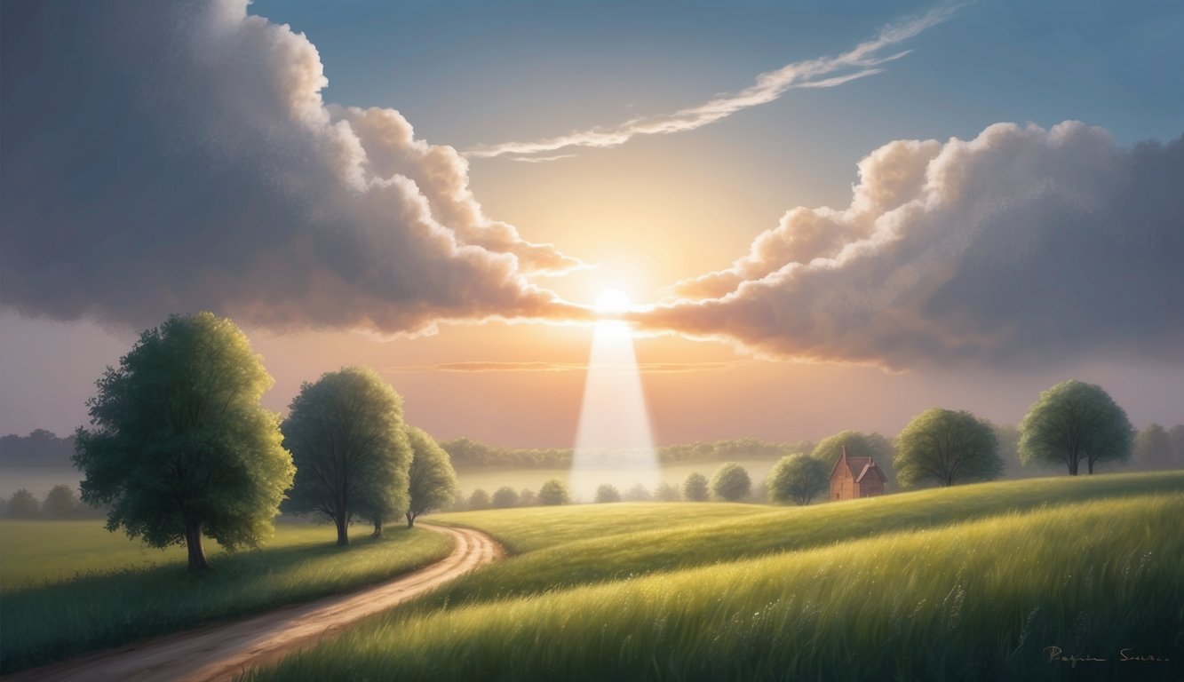 A peaceful sunrise over a tranquil countryside, with a beam of light shining through the clouds, symbolizing the security of trusting God each morning