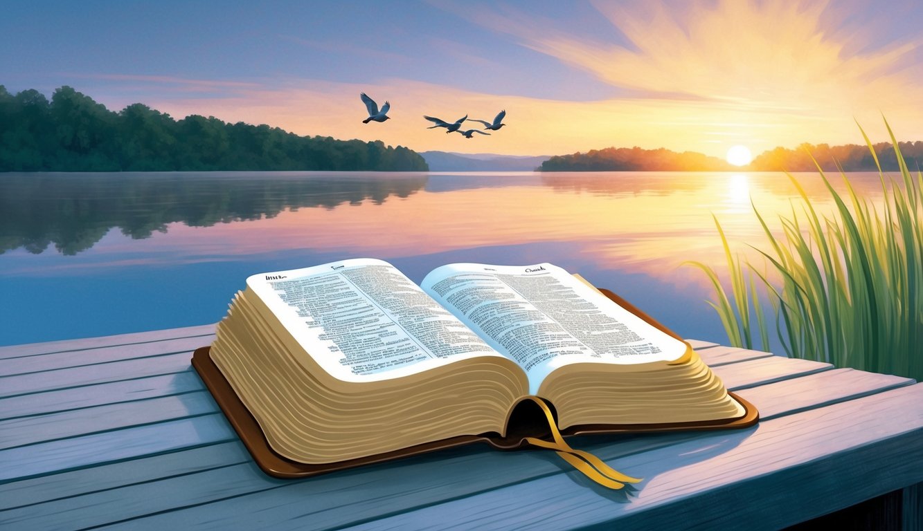 Sunrise over a serene lake, with a Bible open on a wooden dock.</p><p>A gentle breeze ruffles the pages as birds chirp in the distance