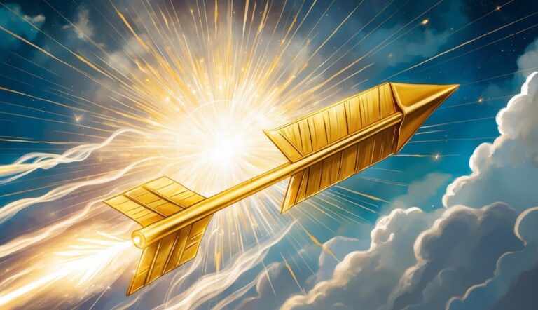 Golden arrow flying through the sky with bright light burst