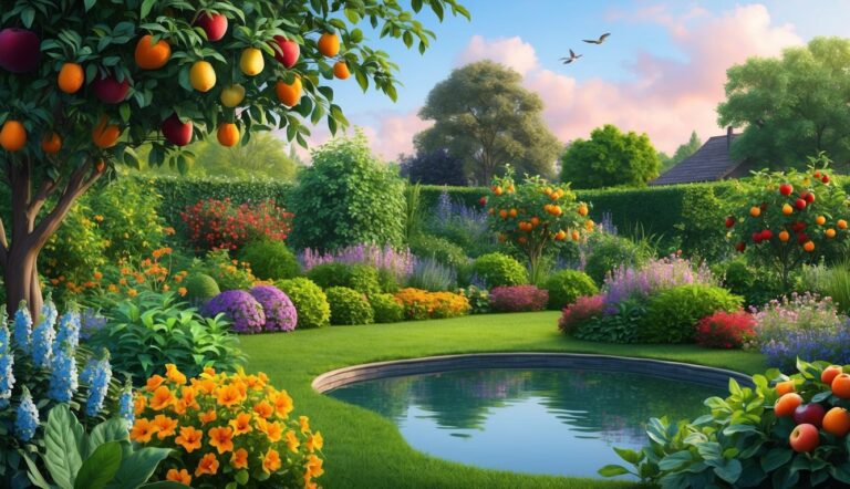 Lush garden with fruit trees, flowers, pond, and a house in the background