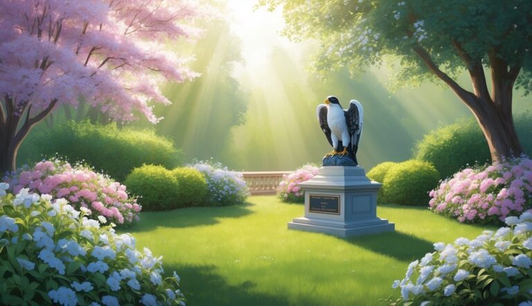 Eagle statue on a pedestal in a lush, flowered garden with sunlight