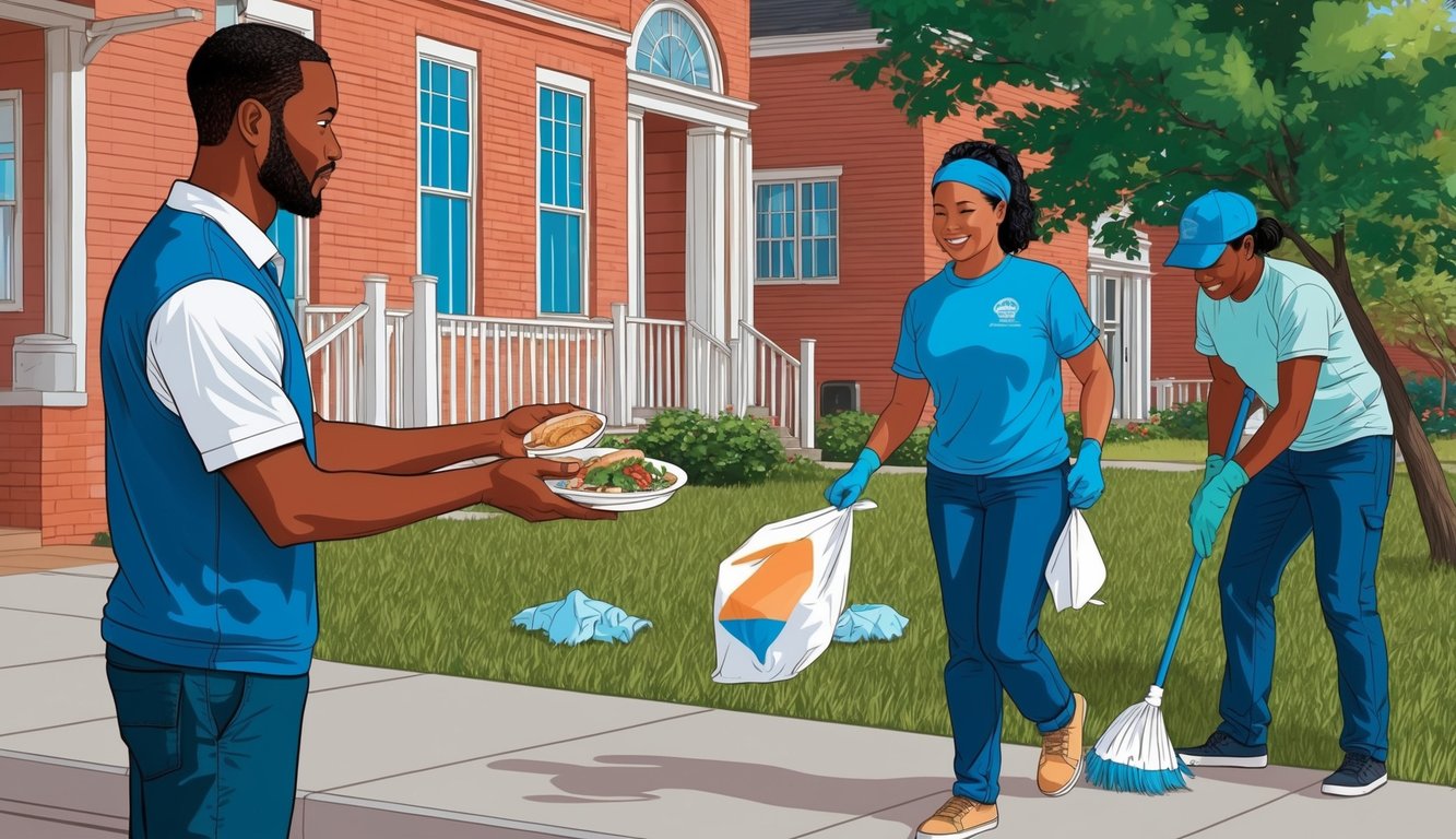 A person handing a meal to someone in need, while another person is seen cleaning up a community area