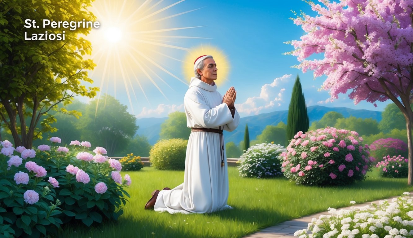 St. Peregrine Laziosi praying in a peaceful garden, surrounded by blooming flowers and a radiant sun shining down on him