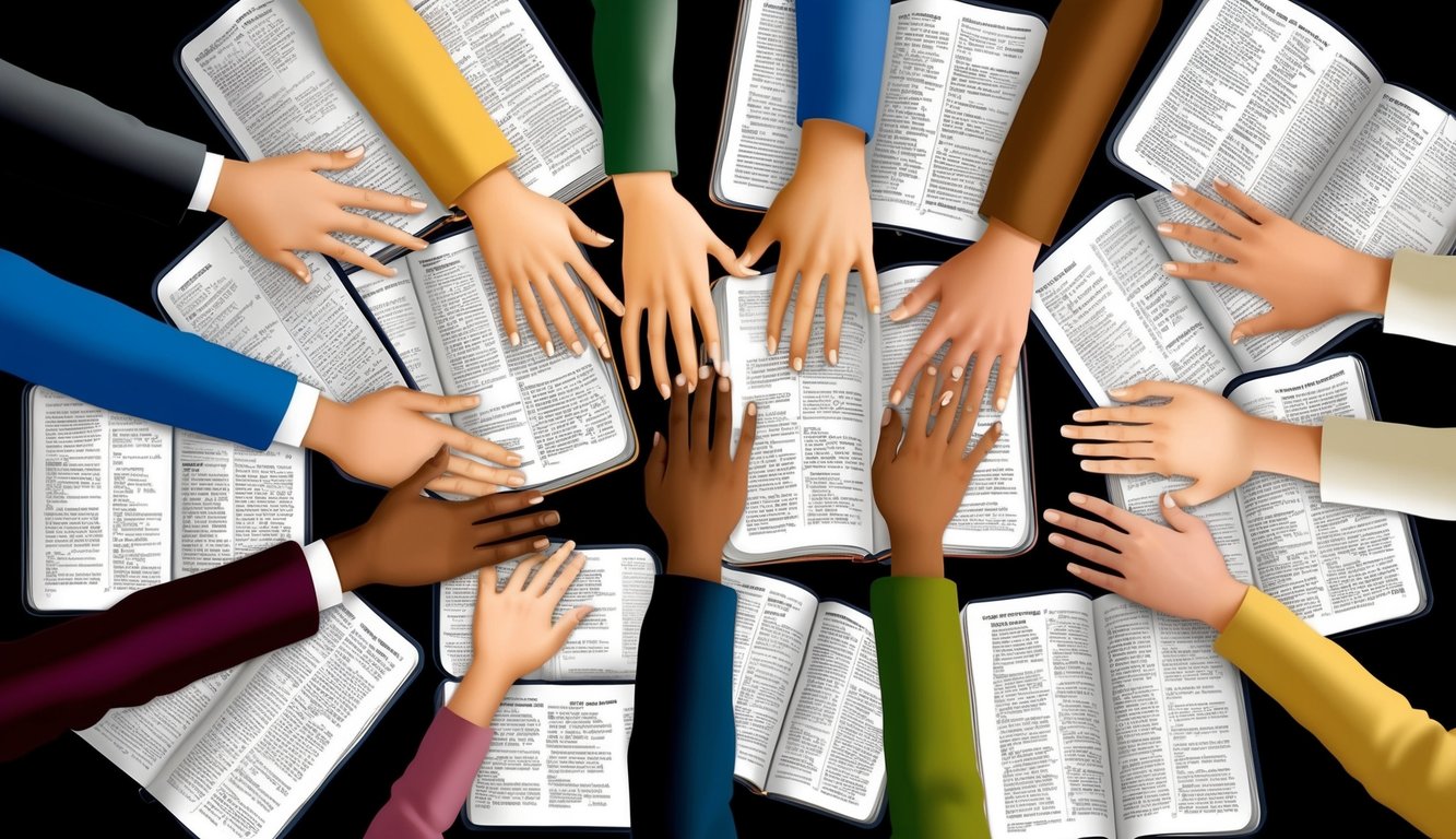 A group of hands reaching out to help others, surrounded by open Bibles with highlighted verses