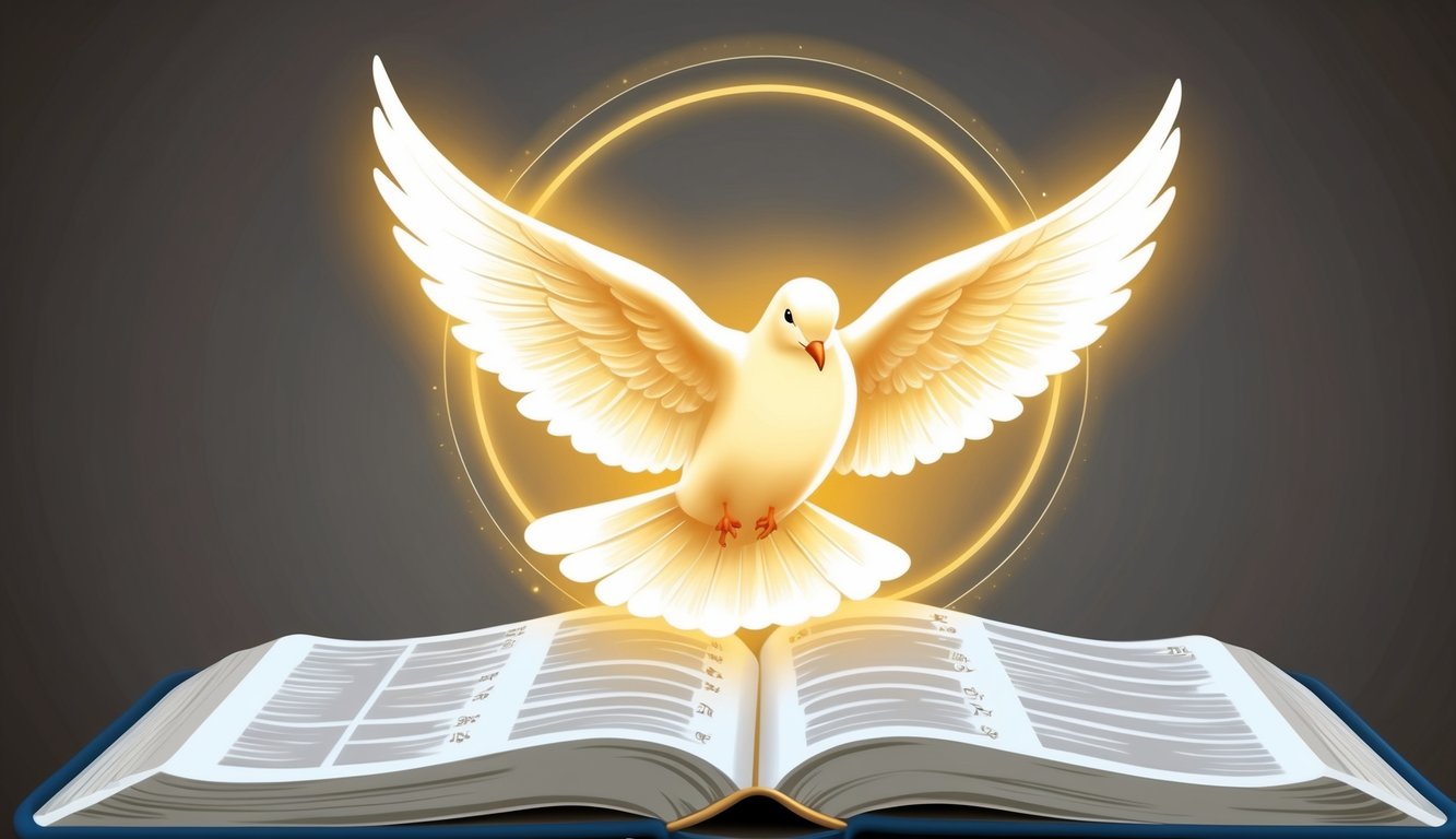 A glowing dove hovers above an open Bible, surrounded by a halo of light