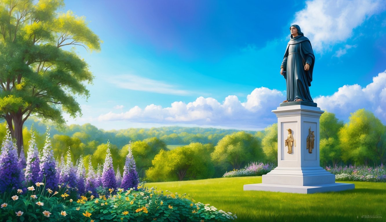 A serene landscape with a vibrant blue sky and lush greenery, featuring a prominent statue of St. Peregrine surrounded by blooming flowers