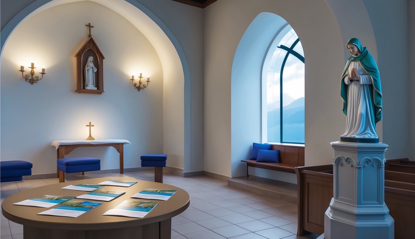 A serene, peaceful chapel with soft lighting, a statue of St. Peregrine, and a table with informational pamphlets and brochures