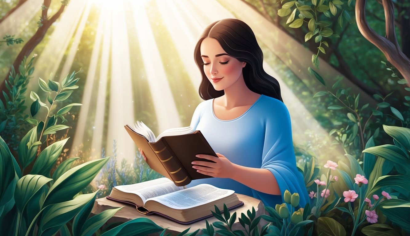 A serene woman surrounded by nature, reading a Bible with rays of light illuminating the page