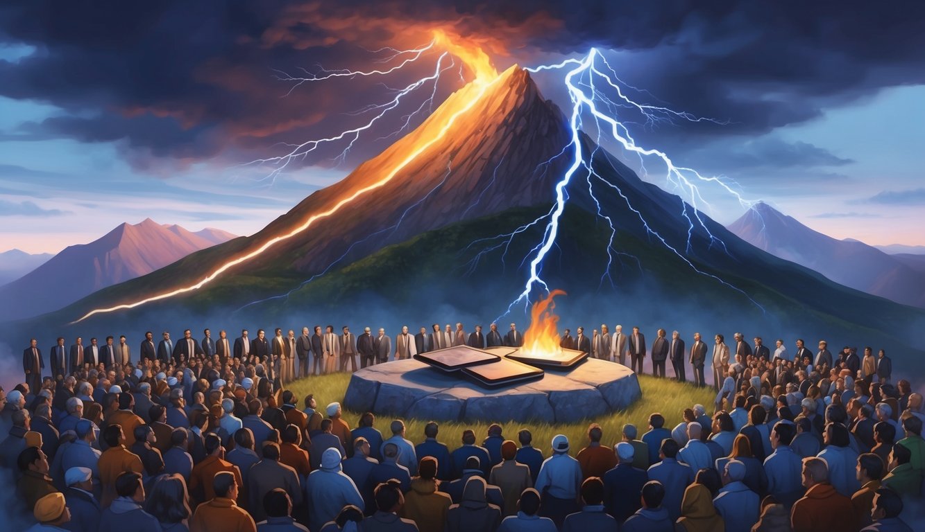 A mountain with lightning and fire, tablets on a stone, surrounded by a large group of people