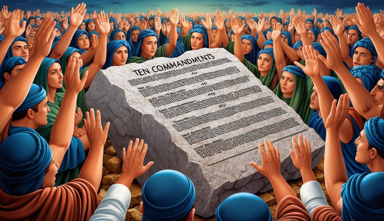 A stone tablet with ten commandments, surrounded by a crowd with raised hands