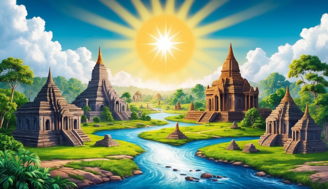 A radiant sun shining down on ancient temples and sacred sites, surrounded by lush greenery and flowing rivers