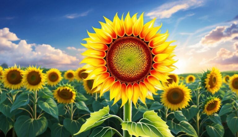 Field of sunflowers under a blue sky with puffy clouds